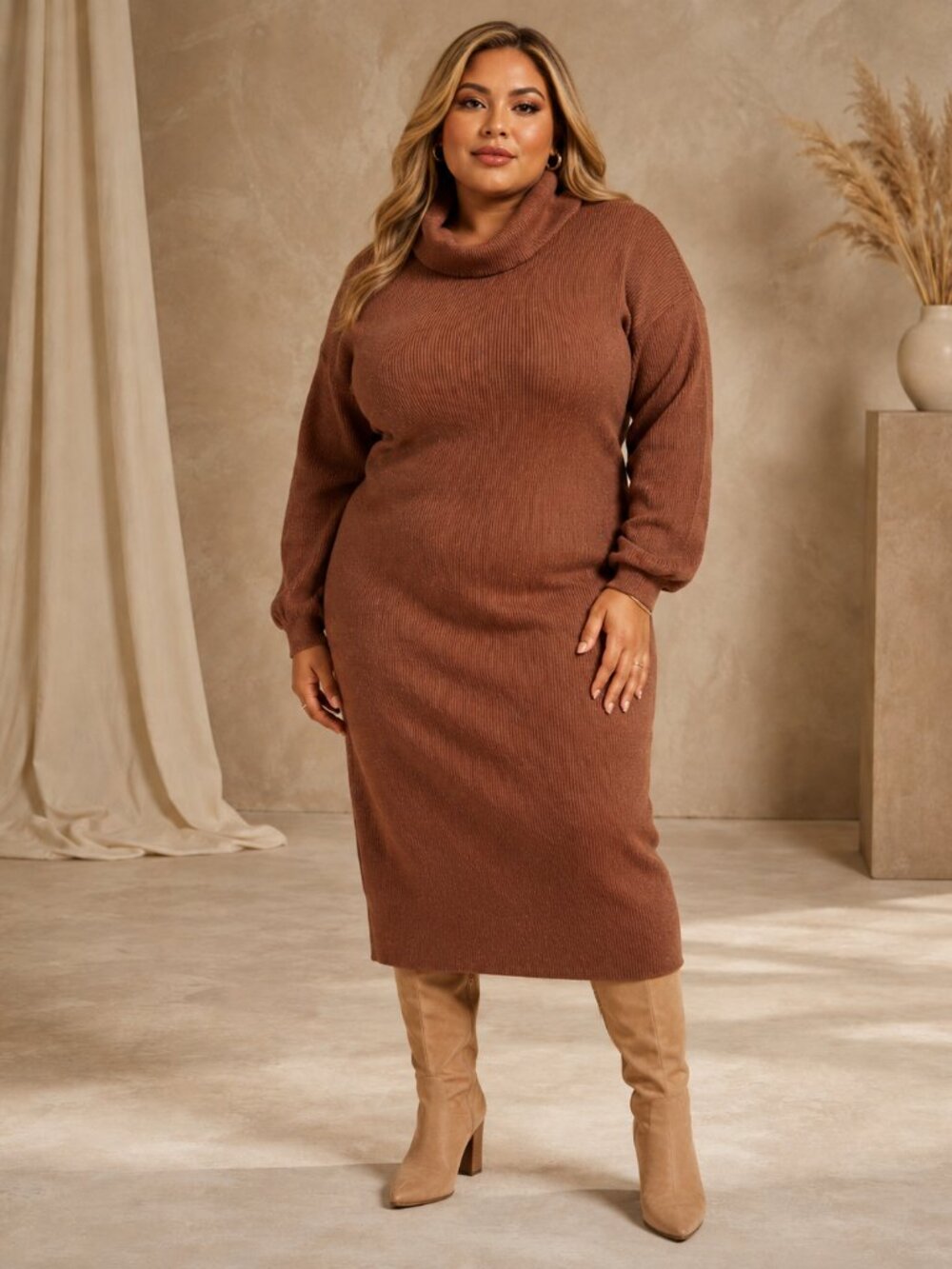Brown Cowl Turtle Neck Longline Sweater 1X